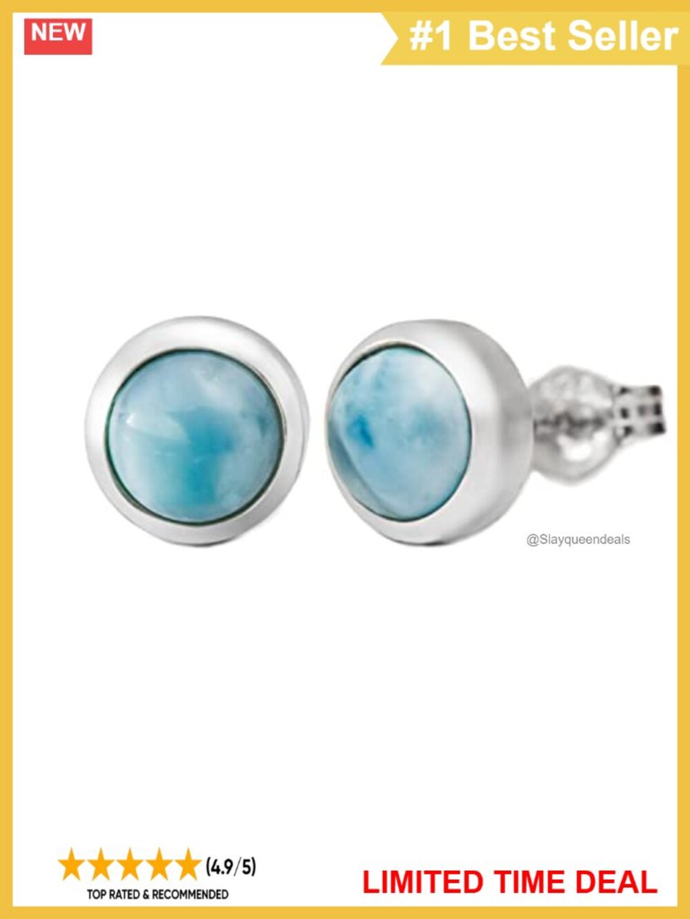925 Sterling Silver Natural Larimar Stud Earrings Nickel Free Hypoallergenic